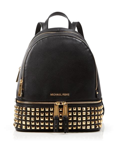 michael michael kors rhea zip studded leather backpack black gold|Michael Kors studded leather backpack.